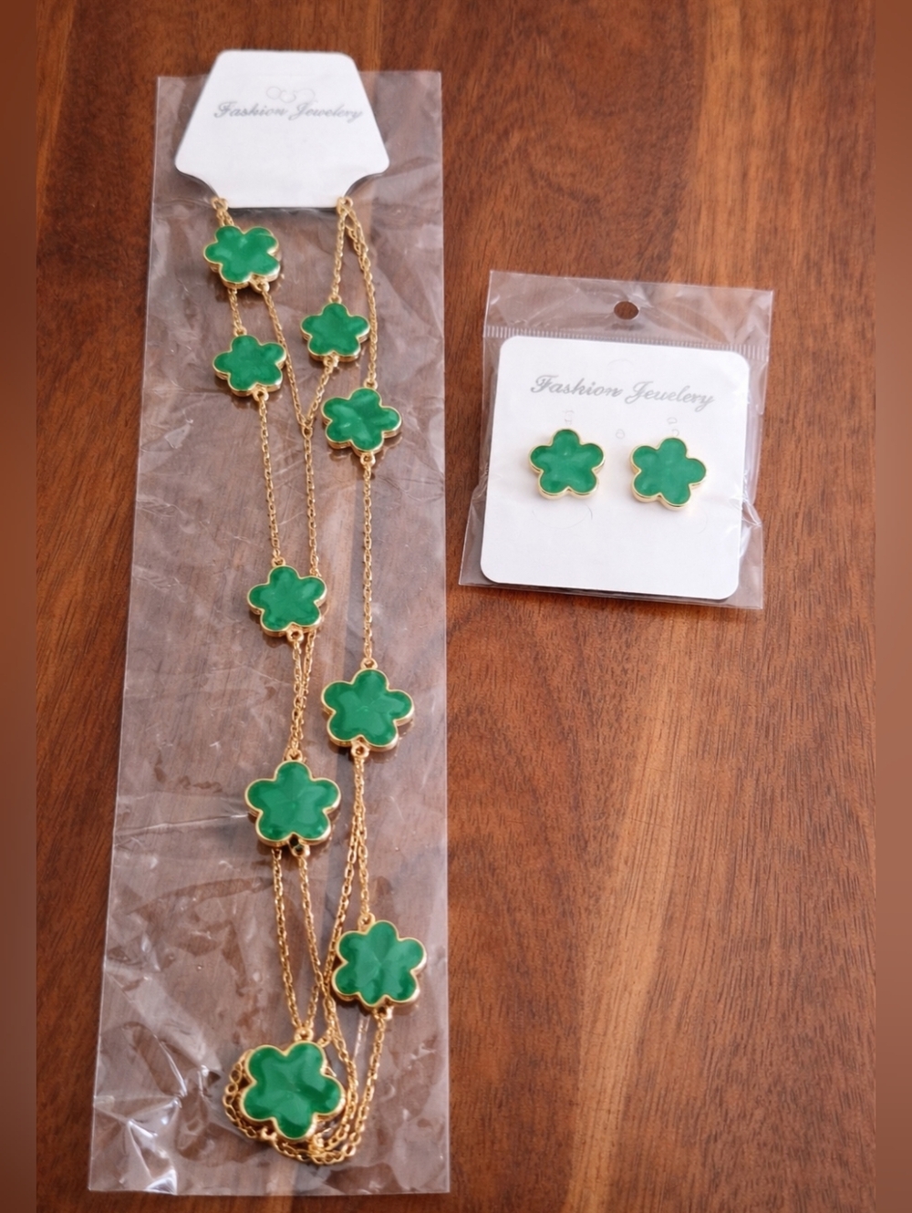Green Clover Set Gold Tone Necklace & Stud Earrings Matching Set Alhambra Style - Picture 2 of 4